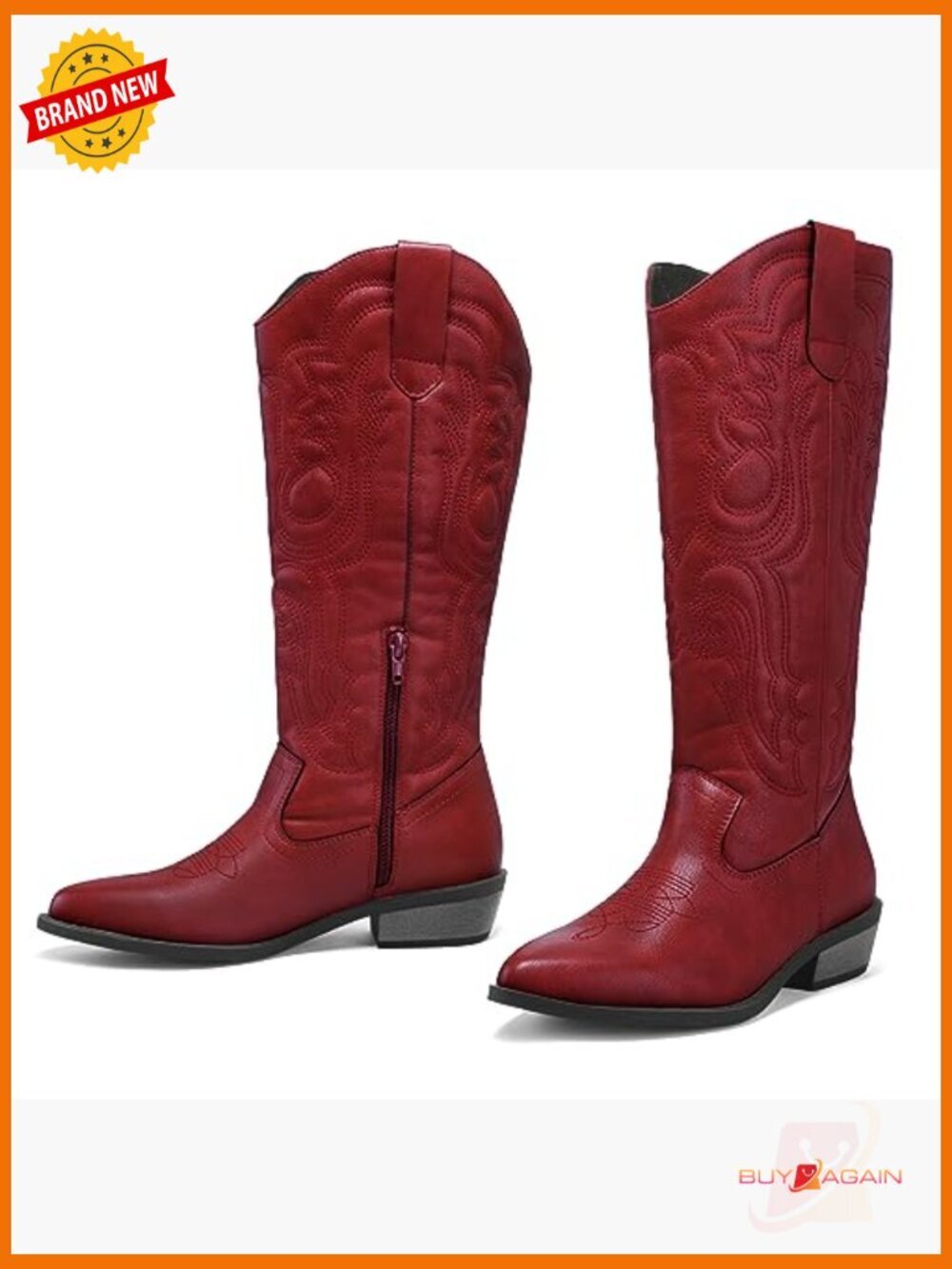 Women's Embroidered Cowboy Boots Mid Calf Chunky Heel Pull On Cowgirl Boots - Picture 4 of 7